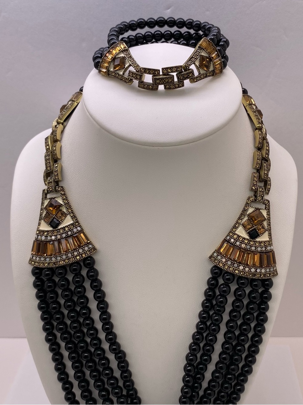 Heidi Daus Crystal & Black Beaded Multi Strand Necklace Bracelet Set